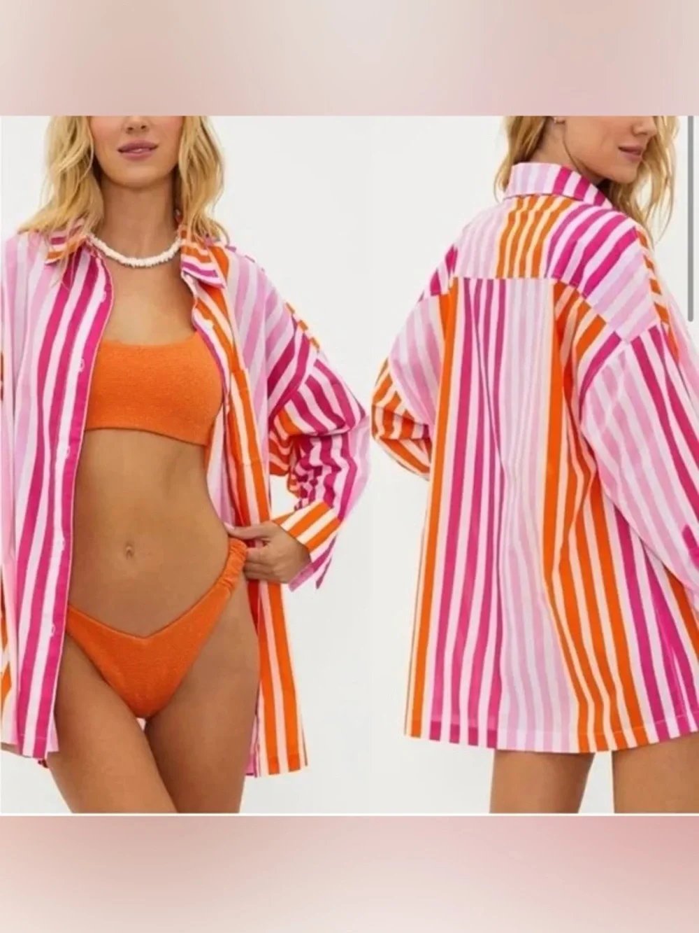 Beach Riot Alexa Coverup Button Down 100% Cotton Stripes Pink Orange Beach Swim
